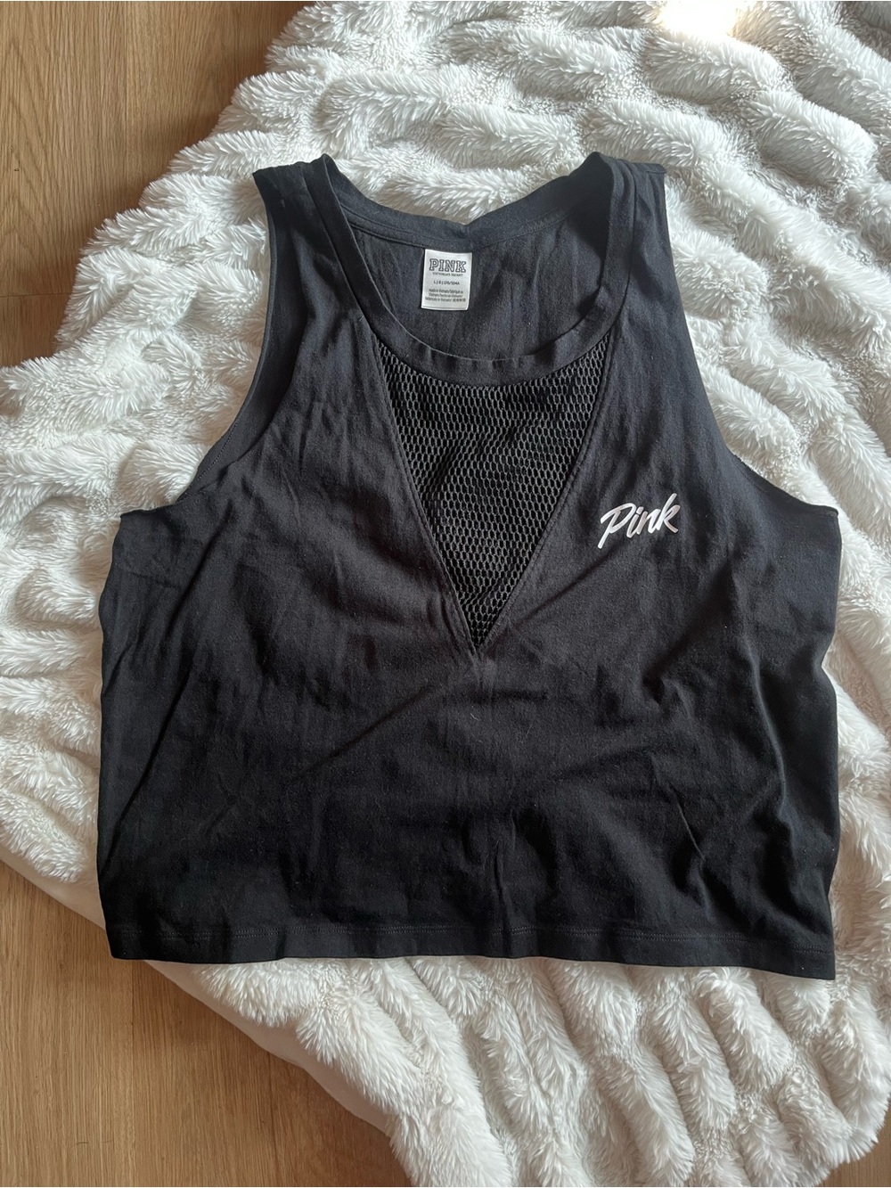 PINK Victoria's Secret Black Cropped Tank with Mesh V-Inset
